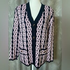 Belmonde Pink & Black Chain Knit Cardigan | Wool Blend | Size US 10